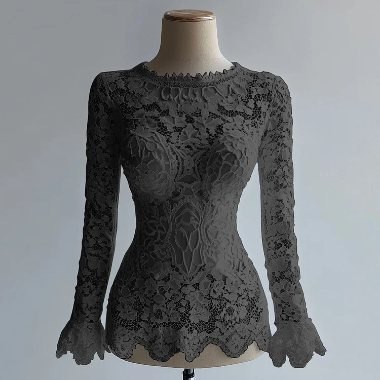 Ursime Floral Lace Hollow Out Round Neck Irregular Hem Blouse