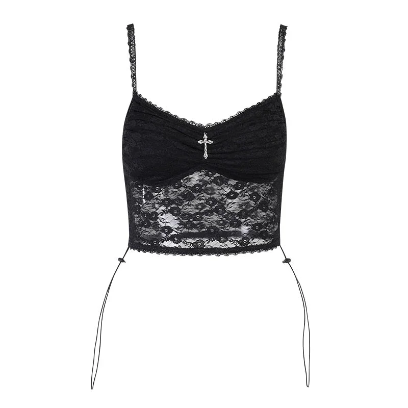 InsGoth Mall Goth Cross Black Camis Vintage Aesthetic Lace Patchwork Velvet Camisole Grunge Spaghetti Straps V Neck Cropped Tops