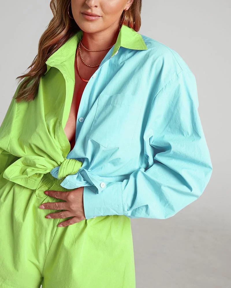 Casual Two Piece Colorblock Shirt & Shorts
