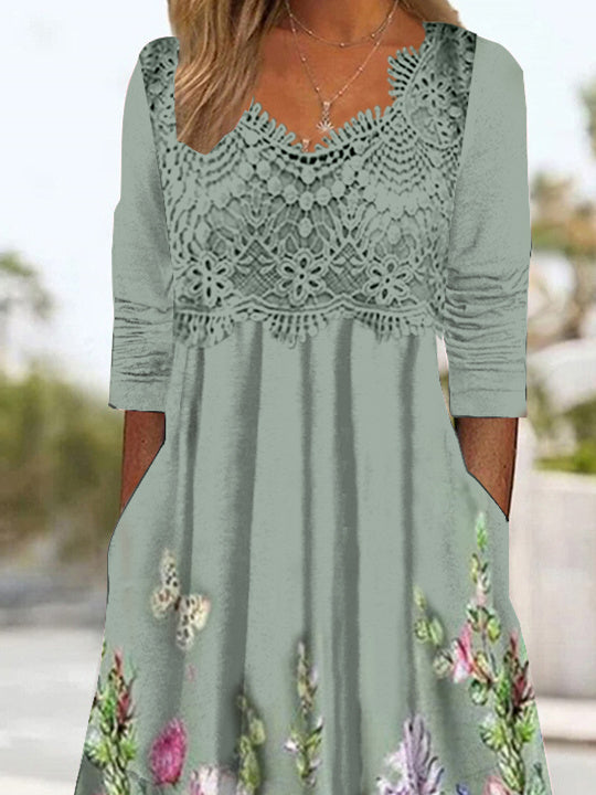 Women Half Sleeve V-neck Solid Color Dress