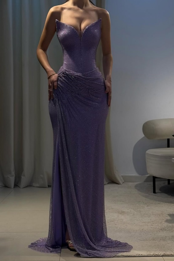 Gorgeous Purple Split Shining Strapless Prom Dress | ZT0705