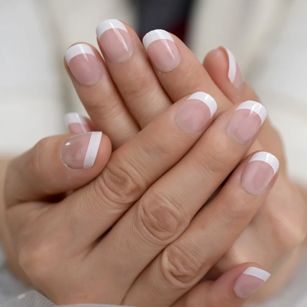 Nude Pink French Nail Round Shape White Tip Gel Fantasy Smaile Line Press On Nails Short Size Manicure Tips 24-Nail Inspo