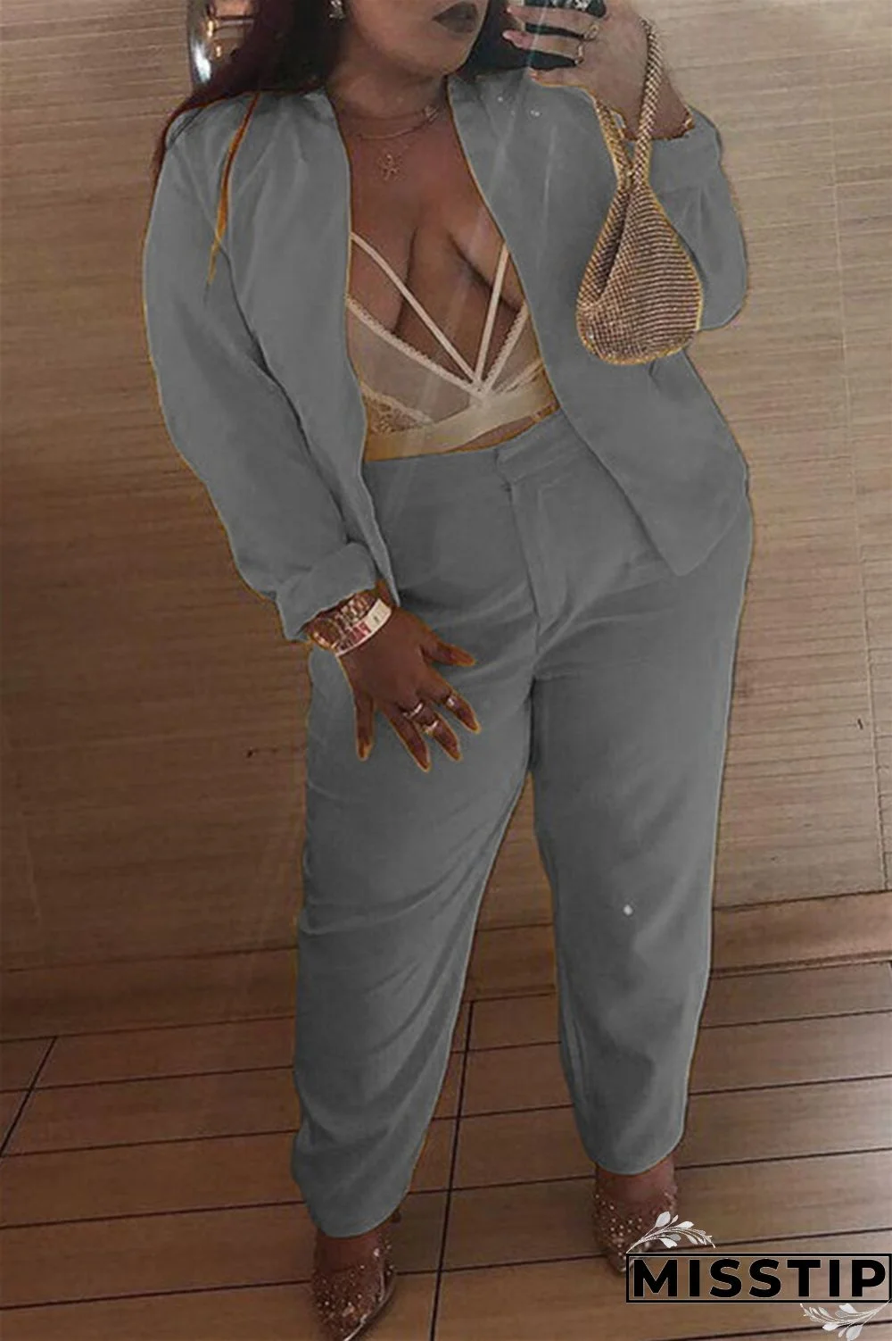 Grey Fashion Casual Solid Cardigan Pants Plus Size Two Pieces