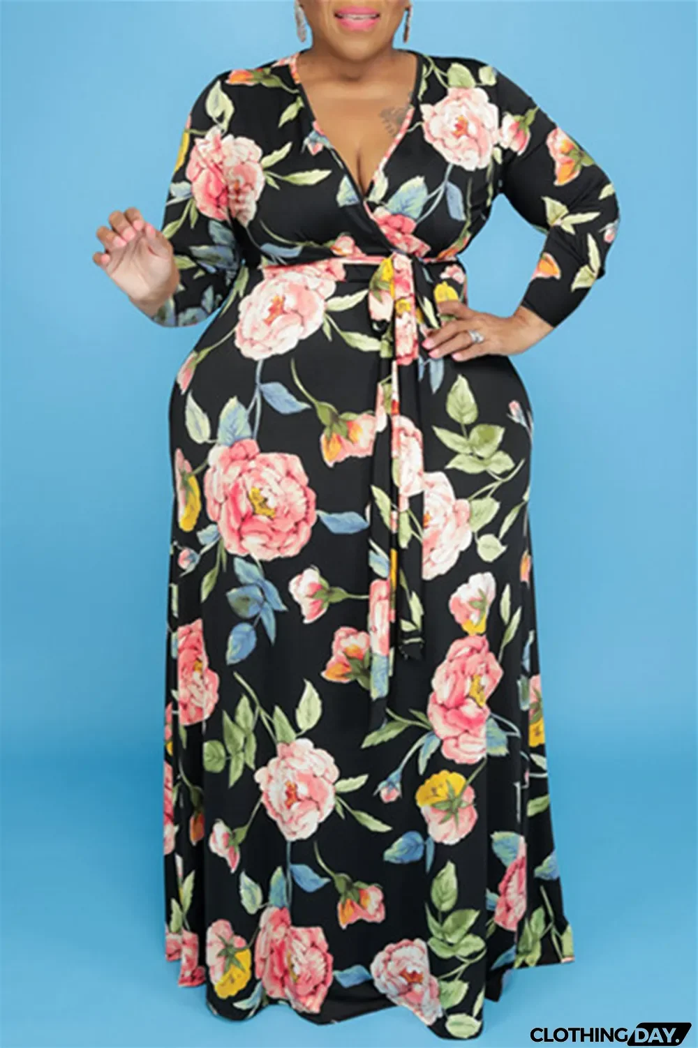 Green Fashion Casual Plus Size Print With Belt V Neck Long Sleeve Dresses