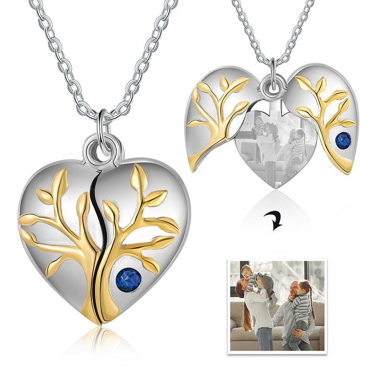 Collar con medallón abierto de árbol de la vida con 1 foto grabada personalizada con piedra de nacimiento