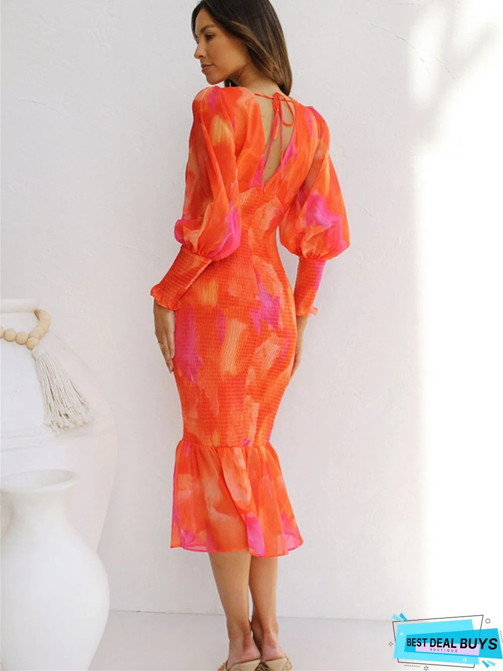 Printed Long-sleeved V-neck Ruffled Dress
