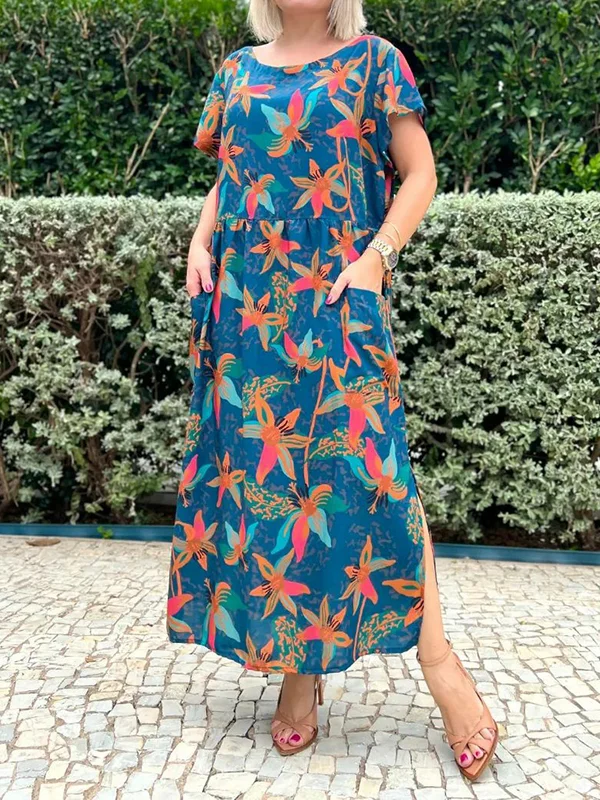 Floral Printed Loose Short Sleeves Round-Neck Maxi Dresses