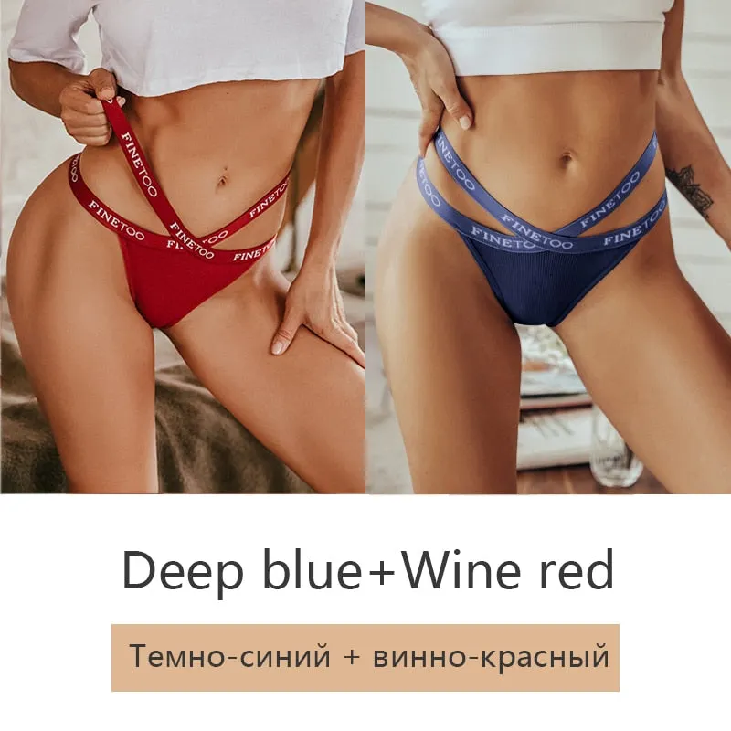 FINETOO 2Pcs/set Sexy Thongs Women Cotton G-string Panties Letter Bikini Underwear Girls Cross Belt Low-rise Underpants Lingerie