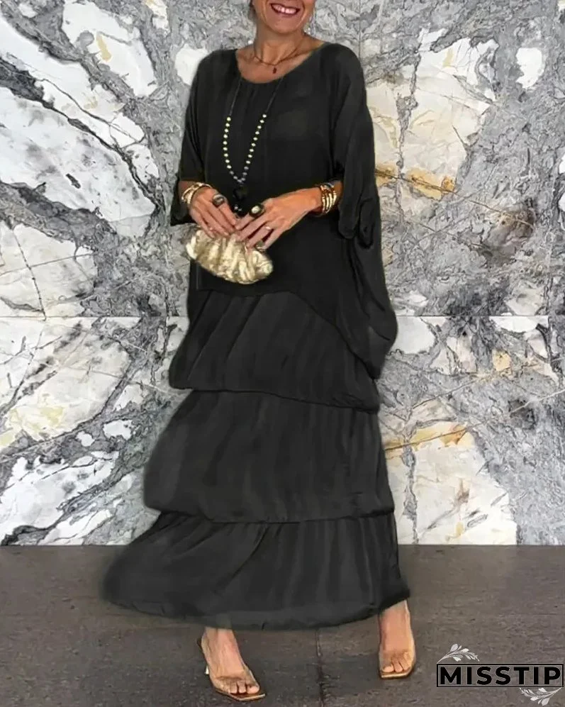 Women's Elegant Solid Color Top + Cake Skirt Two-Piece Set