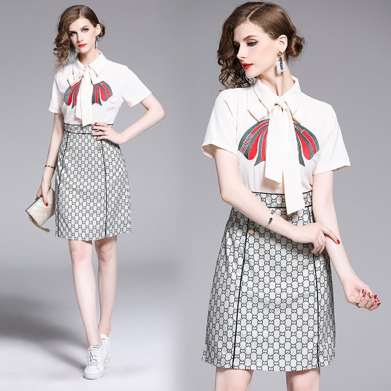 Summer Fashion Slim-fit Embroidery Hem Printing Stitching Artistic Mid-length Dress