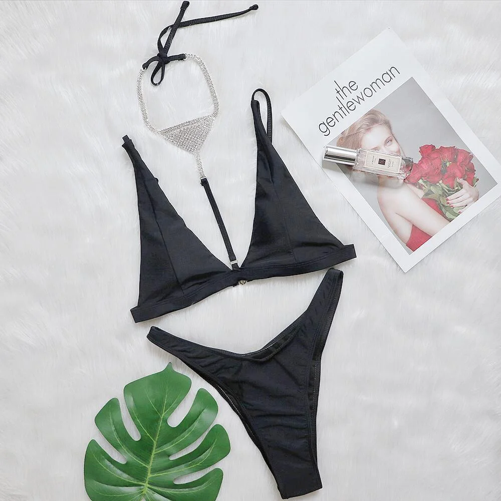 Uveng Uveng New Bikini Sexy Luxury Crystal Diamond Neck Chain Swimsuit Sweater Three-Piece Women's Swimsuit