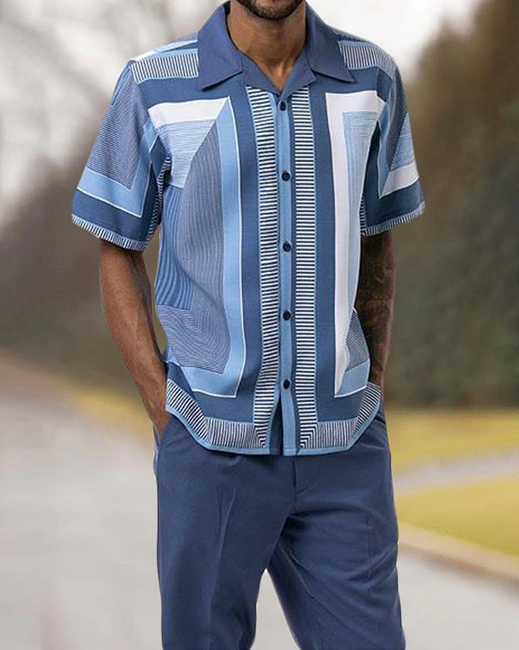 Short Sleeve Print Walking Suit Set With Long Pants