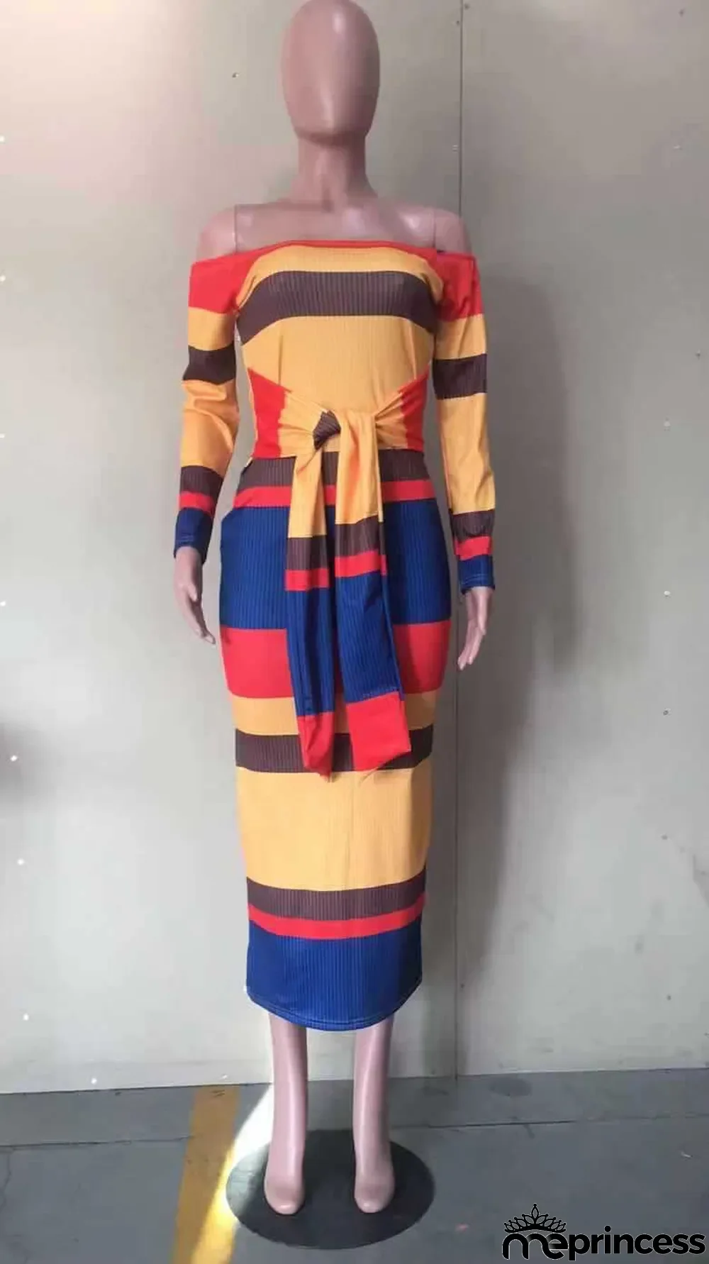 Colorful Stripe Slash Neck Long Sleeves Maxi Dress