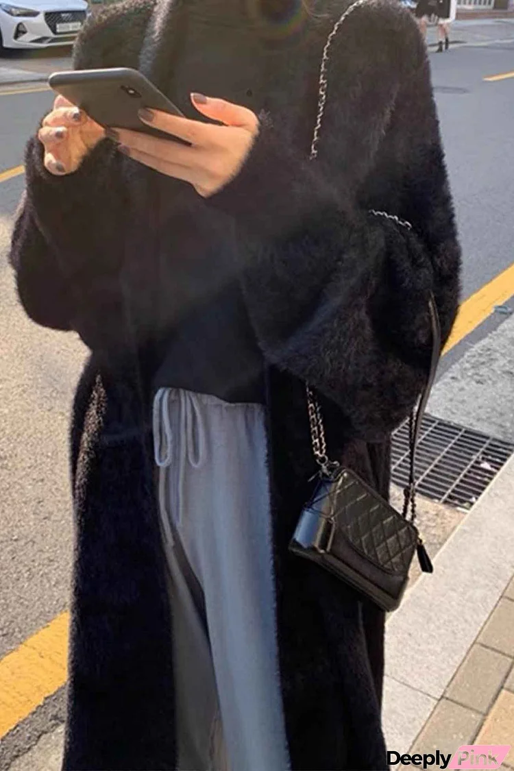 Solid Color Fuzzy Long Cardigan