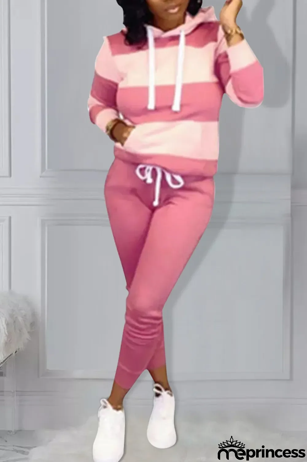 Red Polyester OL Striped Patchwork Print pencil Long Sleeve Two Pieces