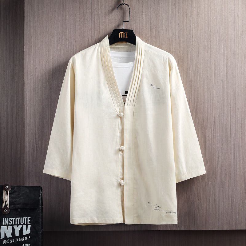 Sshamim  mens sexy costume Chinese Style Men's 2024 Summer Patchwork V-Neck Button Pocket Vintage Fashion Solid Color Loose Fitting Three Quarter Shirts