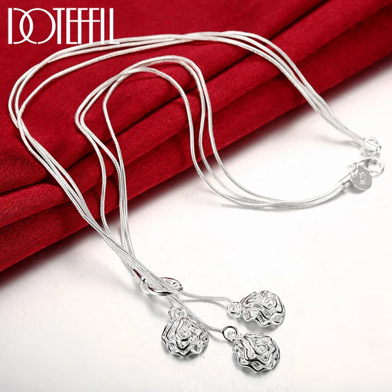 DOTEFFIL 925 Sterling Silver Three Rose Flowers Snake Chain Necklace For Women Jewelry