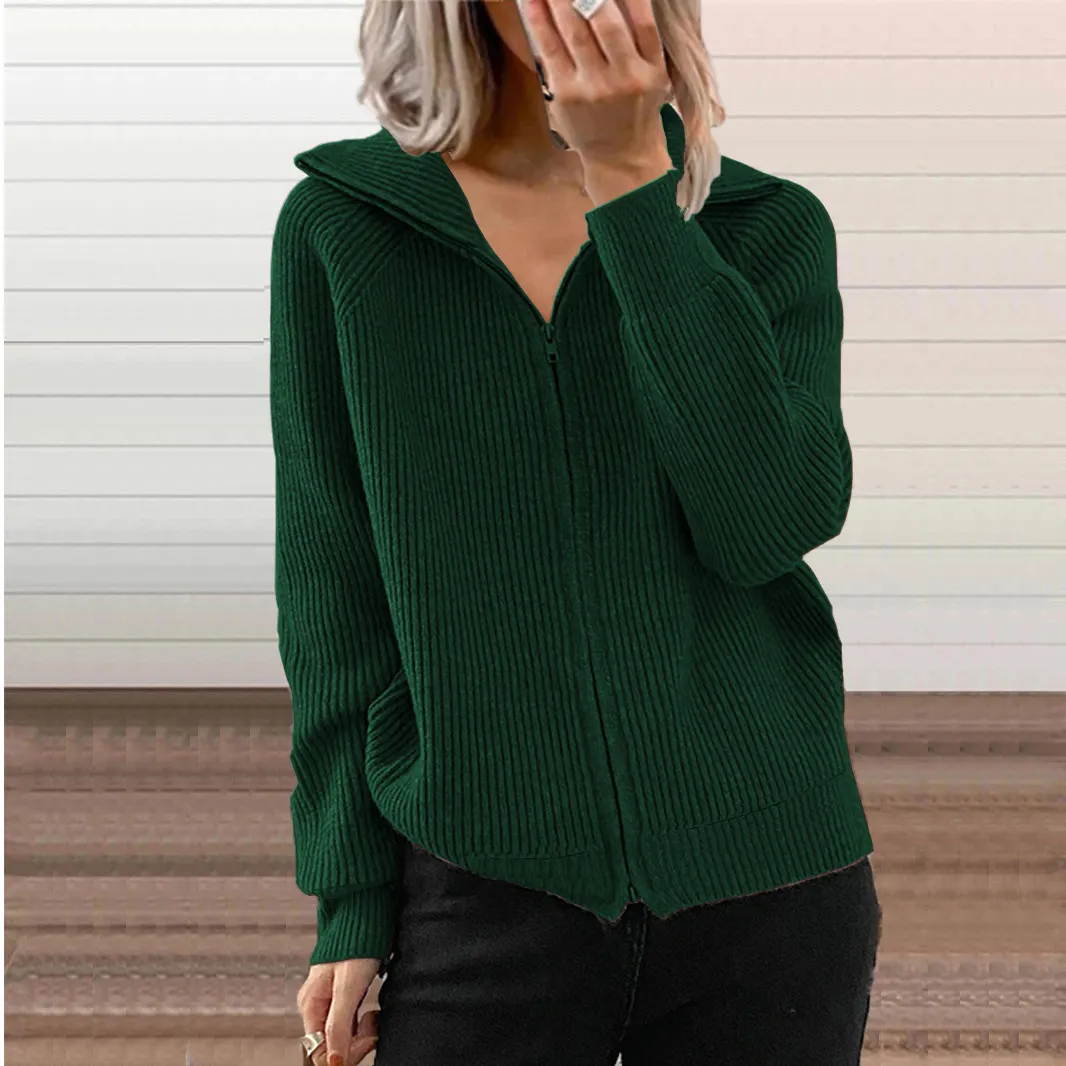 Churchf Churchf Winter New Striped Casual Coat Loose Sweater Zipper Cardigan Long Sleeve Lapel Sweater Woman