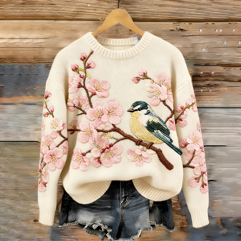Women's Bird And Flower Patterned Comfortable Knit Sweater wearshes