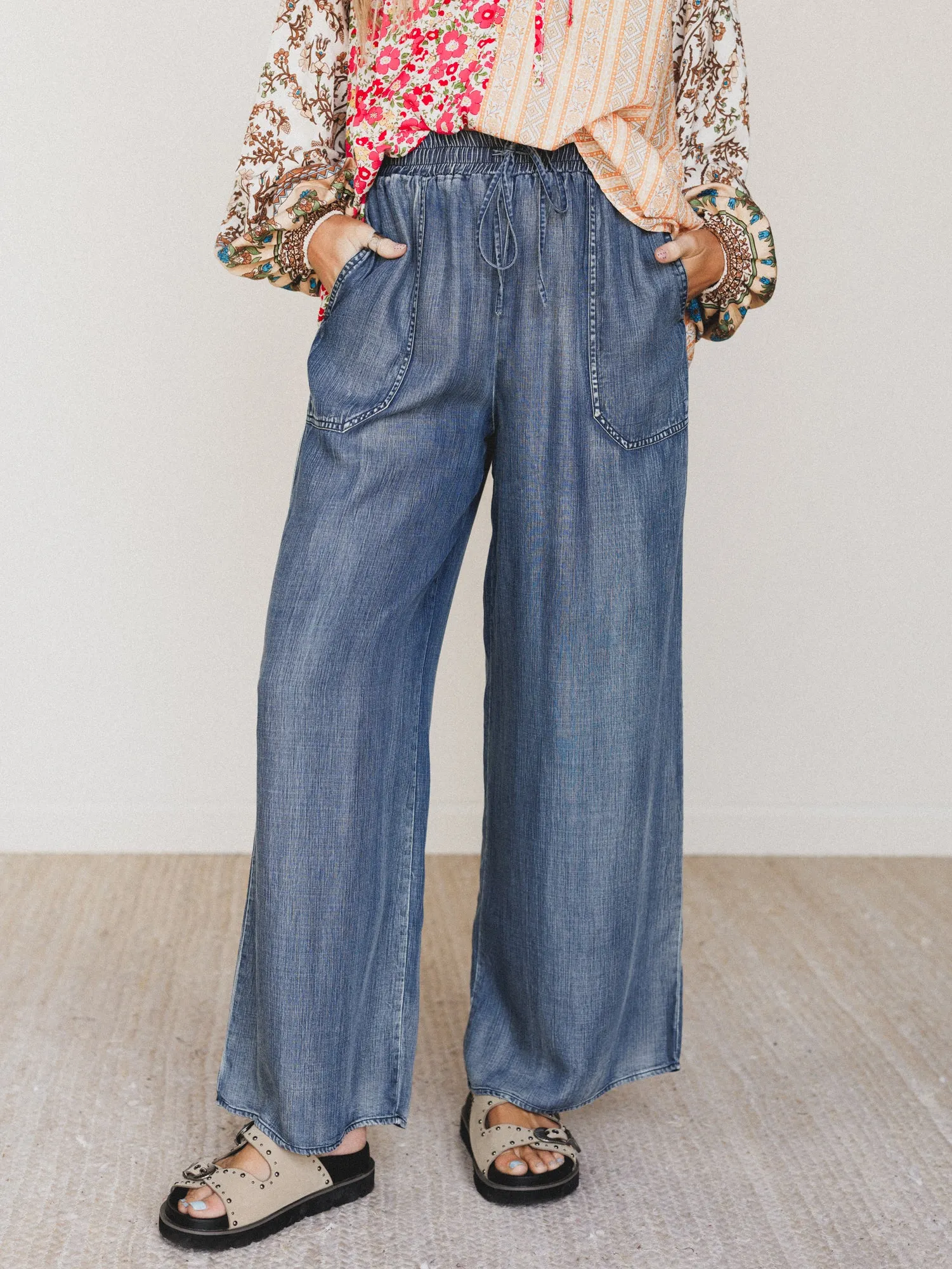 Casual Step Wide Leg Pants  - Dark Denim