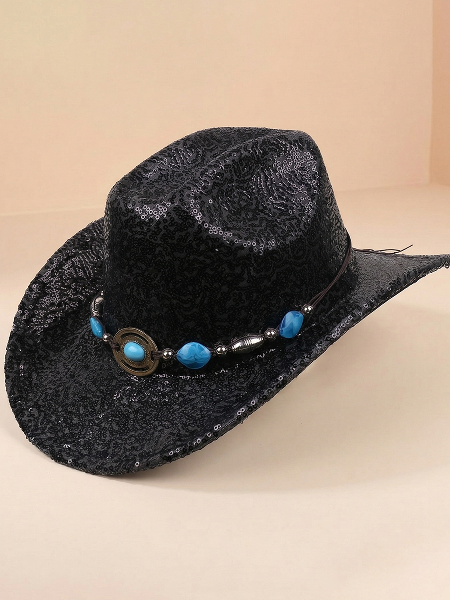 Festival & Concert Ready &mdash; Champagne Gold Sequin Western Cowboy Hat with Turquoise Beaded Band