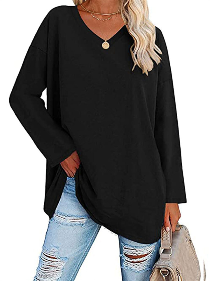 Multicolor Loose Drop Shoulder Sleeve V-neck Solid Color Female Tops
