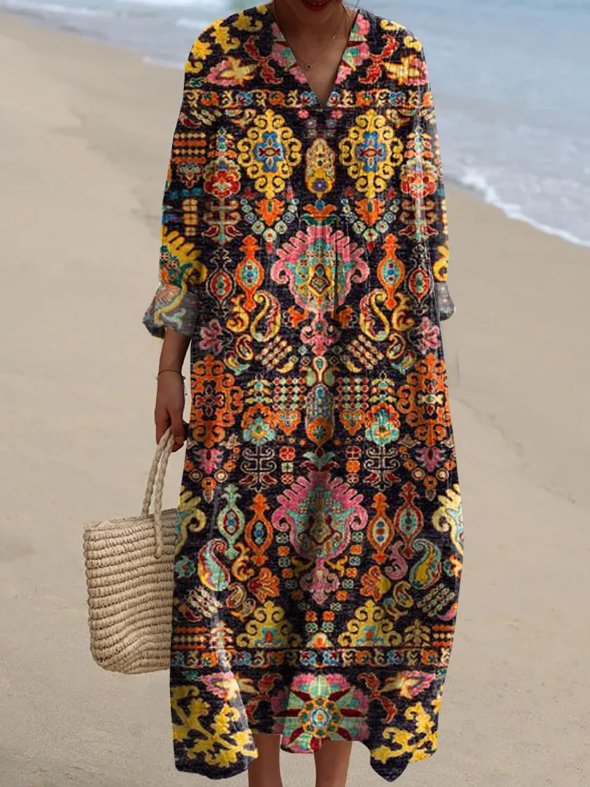 Women's Vintage Ethnic Floral Art Print Casual Cotton Dress