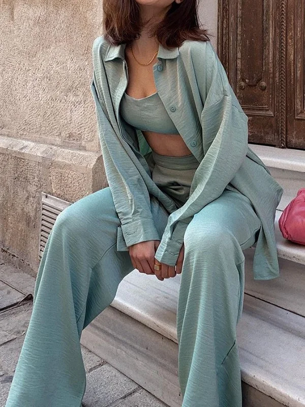 Solid Color Buttoned Lapel Shirts Top +  High Waisted Pleated Straight Leg Pants Bottom Two Pieces Set