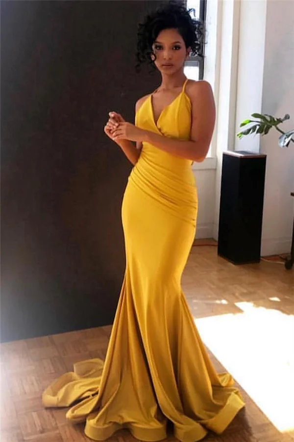 Luluslly Yellow Spaghetti-Straps Long Mermaid Prom Dress