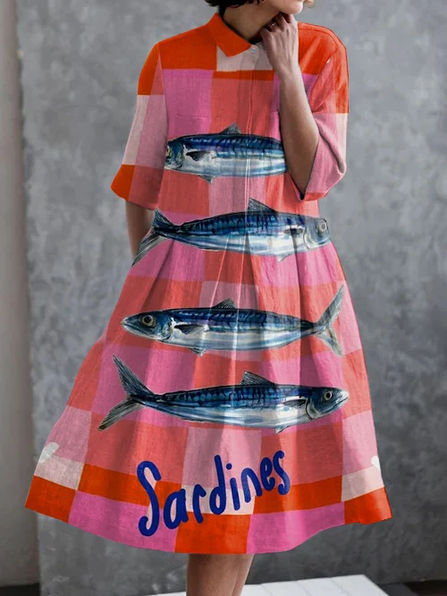 Vintage Plaid Sardines Print Casual Pocket Half Sleeve Dress