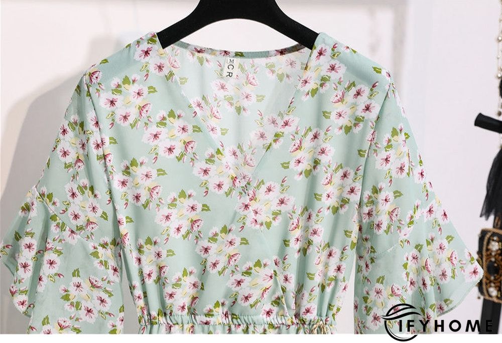 Spring Summer Chiffon Women V-Neck Floral Print Short Dresses Sweet Ruffle Sleeeve Slim Drawstring Ladies Dress | IFYHOME
