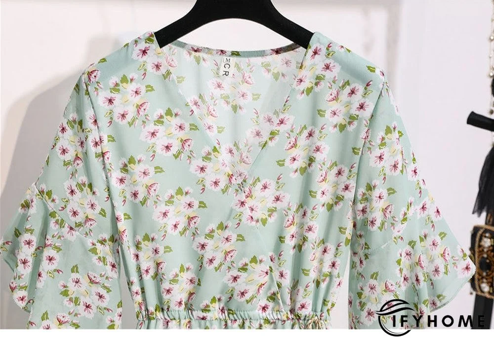 Spring Summer Chiffon Women V-Neck Floral Print Short Dresses Sweet Ruffle Sleeeve Slim Drawstring Ladies Dress | IFYHOME