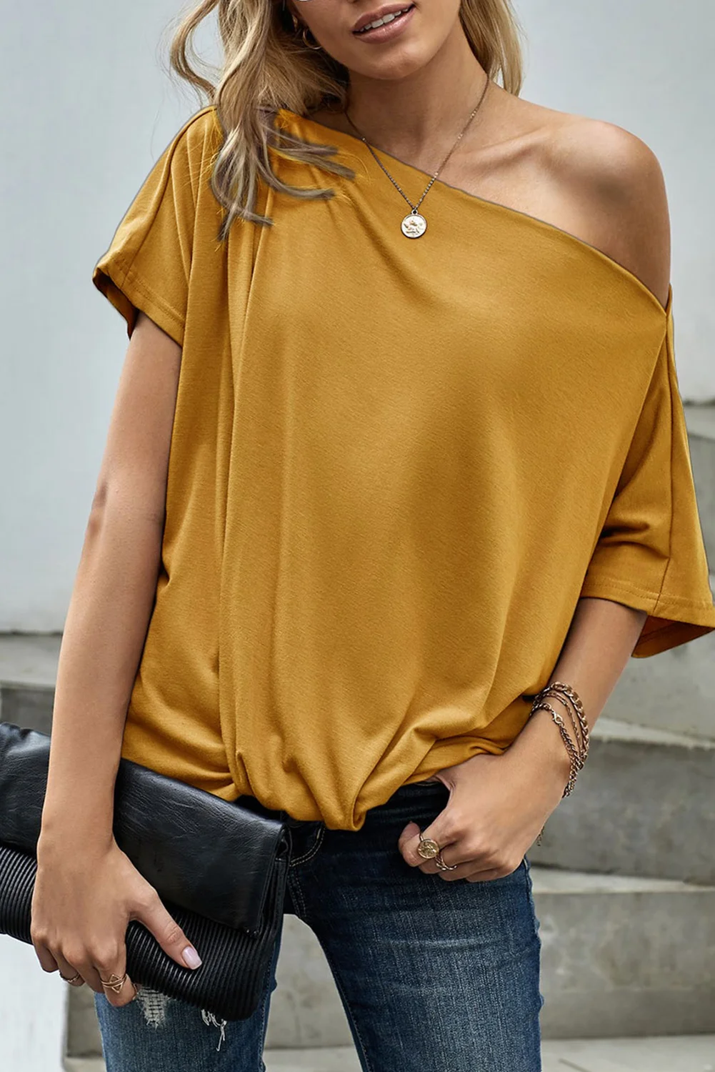 Yellow Off-The-Shoulder Slash Neck Casual Loose Fitting Top | IFYHOME