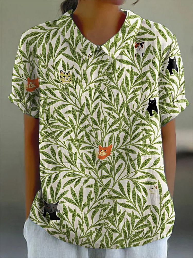Women's Animal Flower Art Print Casual Cotton And Linen Shirt