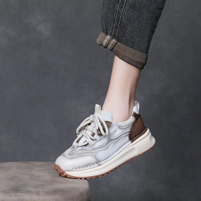 Yyvonne Layer Cowhedry Breathable Mesh Color Old Dad Shoes Women In Spring 2025 New Thick-Bottomed Sports Leisure Single Shoes