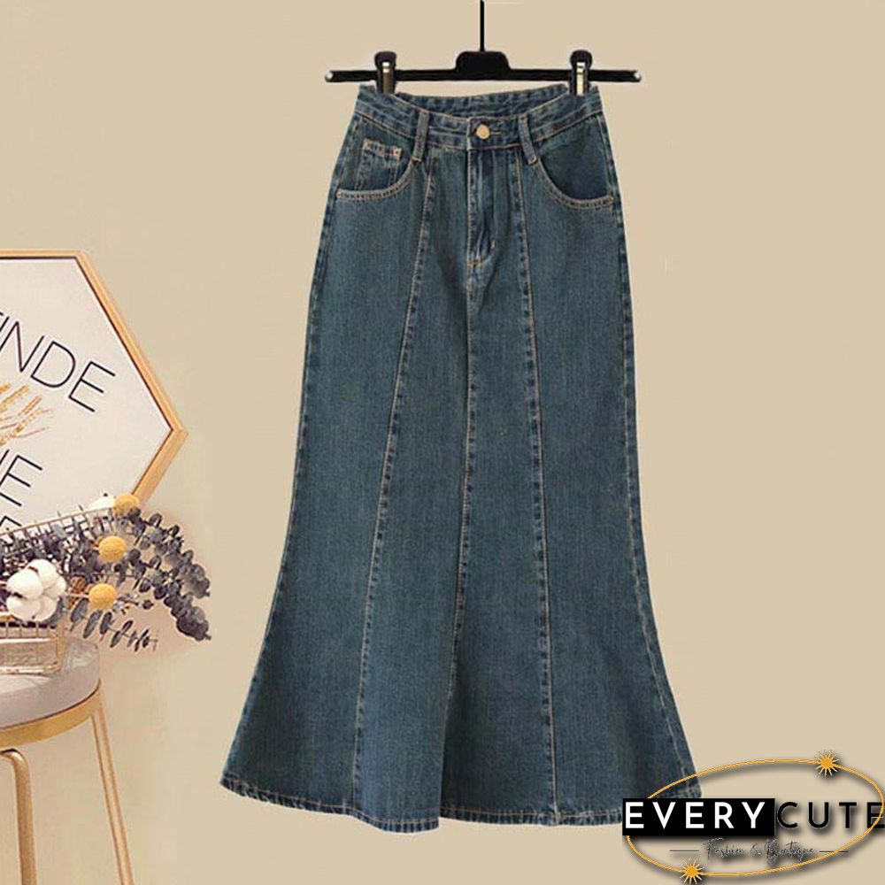 Bow Knot Butterfly Tulle Crop Top T-Shirt Fishtail Denim Skirt Two Pieces Set