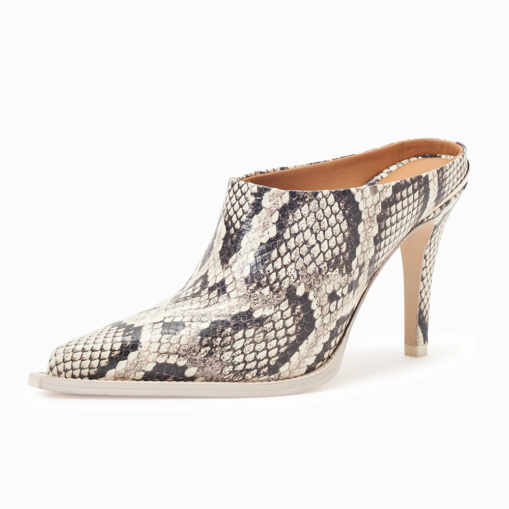 Beige and Black Vegan Leather Pointed Toe Python Print Mule Heels Nicepairs