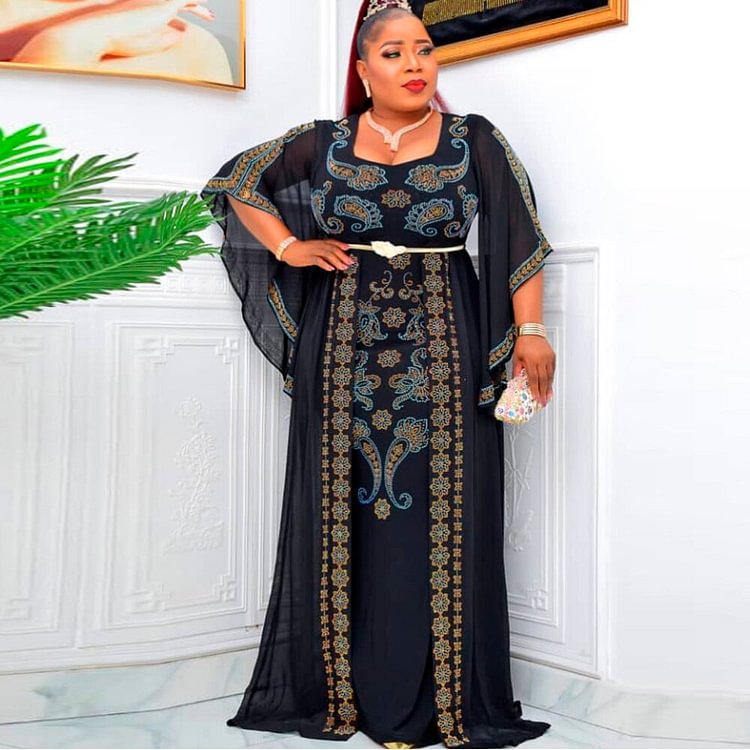 African Americans fashion QFY African Dresses For Women Traditional Dashiki Chiffon Pleated Dress Luxurious Turkish Evening Gown Kaftan Moroccan Clothing Ankara Style QueenFunky