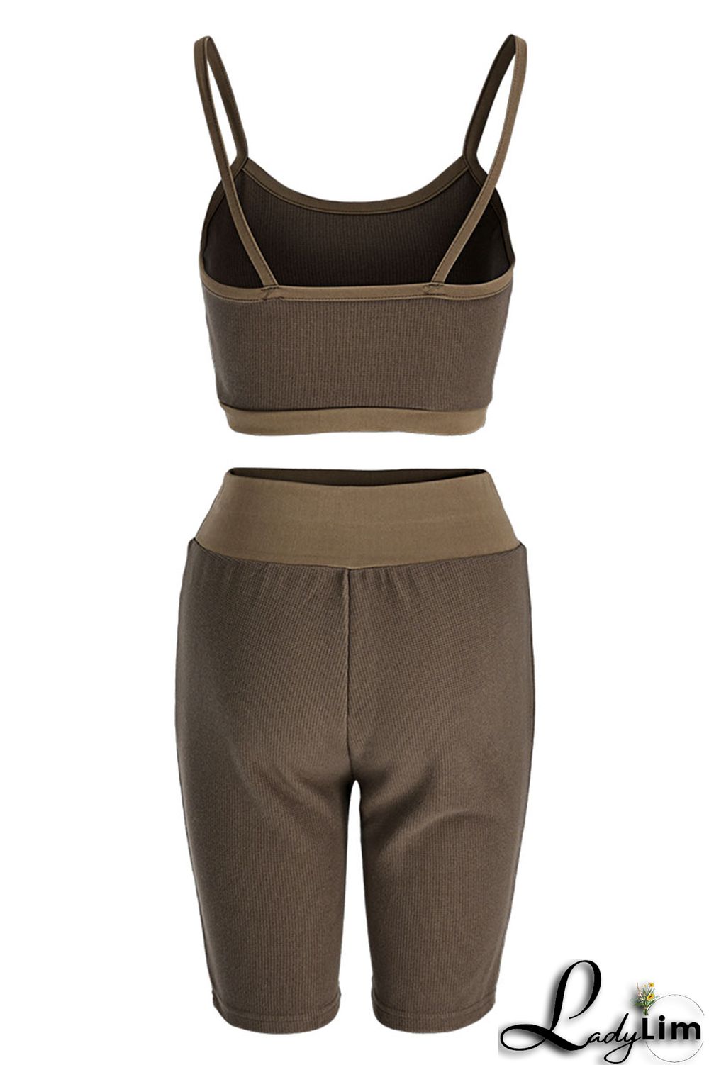 Khaki Casual Sportswear Solid Backless Spaghetti Strap Sleeveless Two Pieces