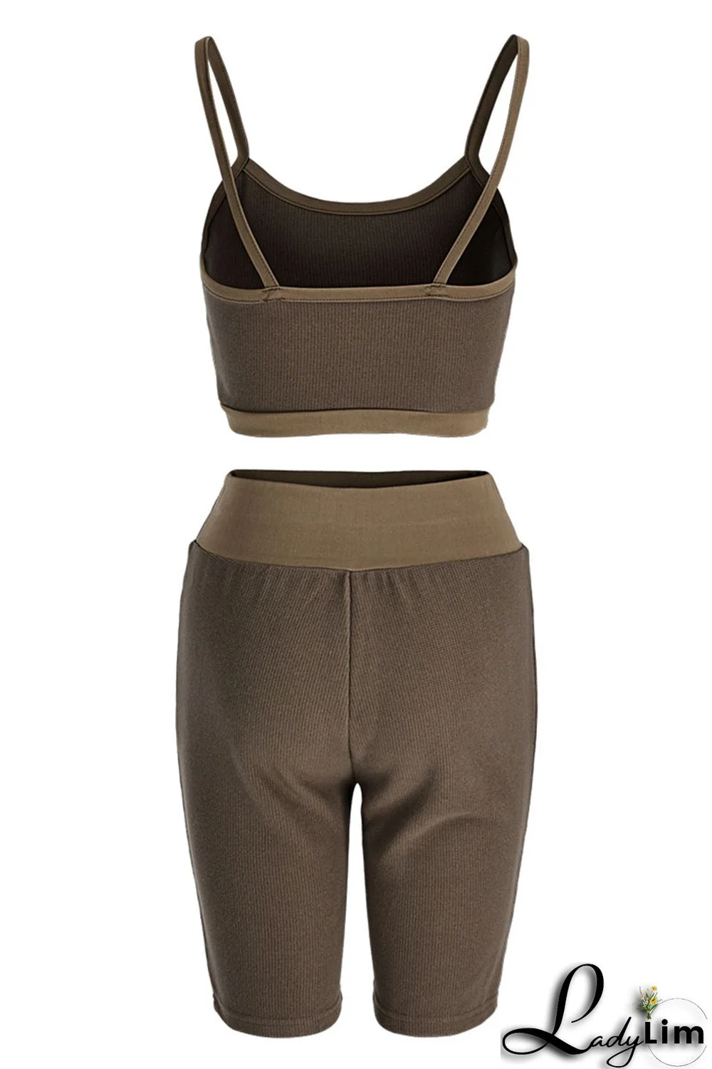 Khaki Casual Sportswear Solid Backless Spaghetti Strap Sleeveless Two Pieces