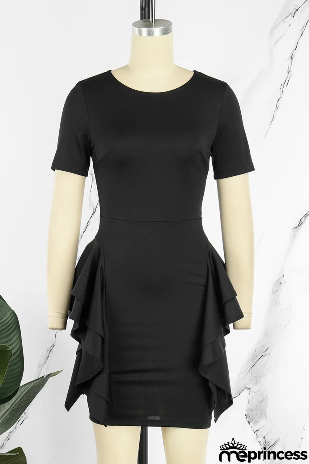 Black Casual Solid Patchwork O Neck Short Sleeve Dress (Without Belt)