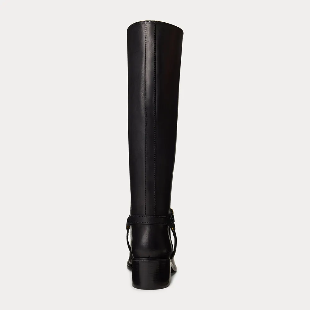 Black Round Toe Chunky Heel Decorative Buckle Knee High Boots
