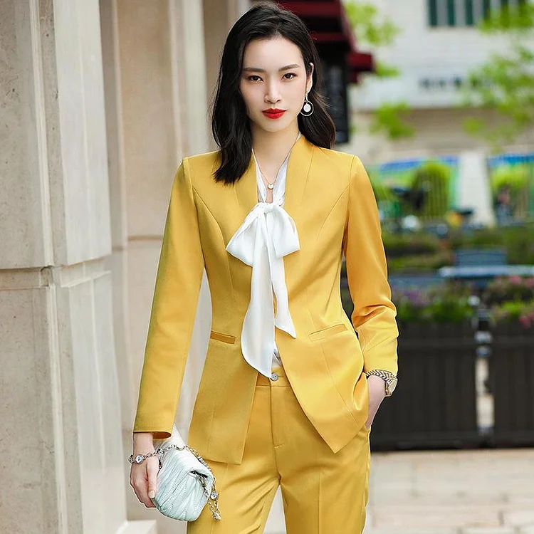 Women Pants Suit Uniform Designs Formal Style Office Lady Bussiness Attire Yellow Spring and Autumn Fashionable Suit
