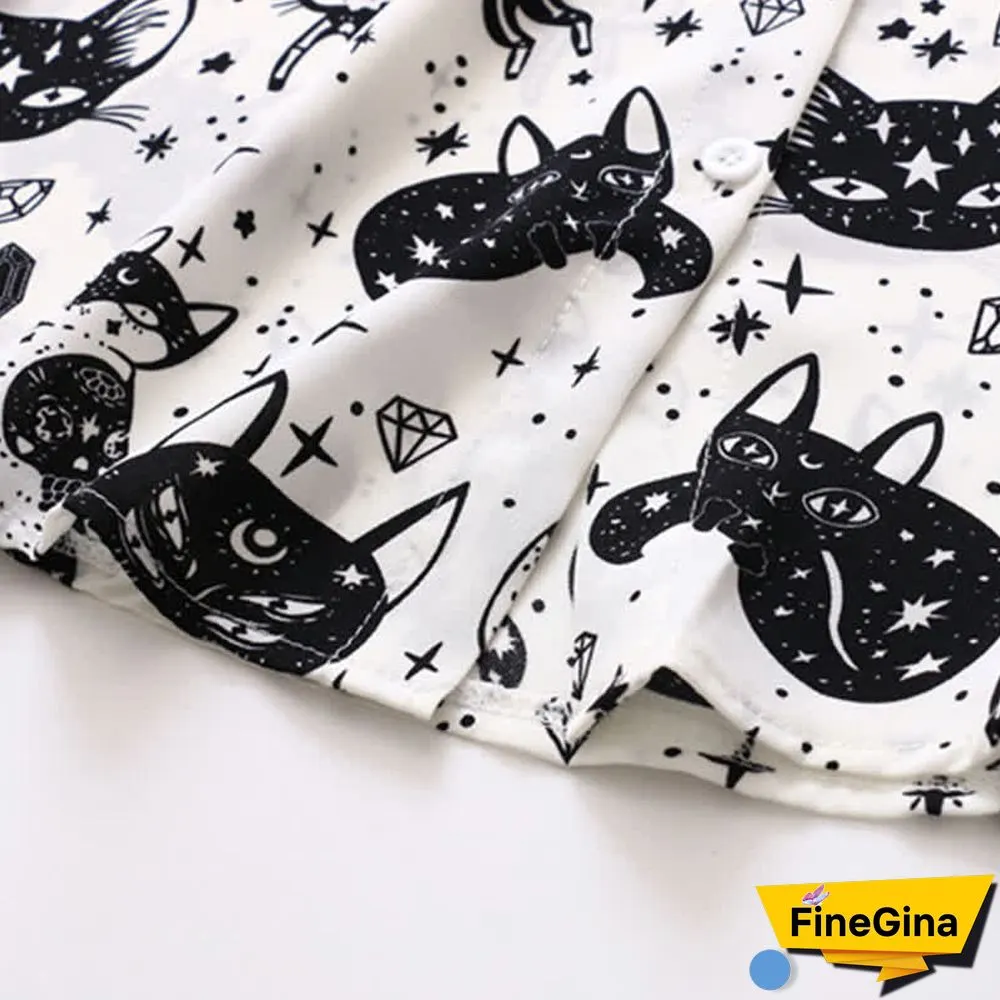 Kitty Print Long Sleeve Lapel Chiffon Shirt