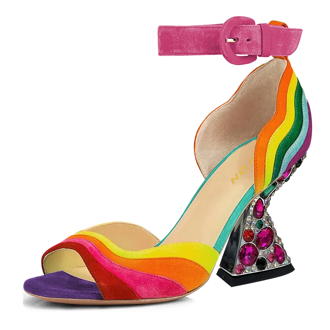 Rainbow Color Buckle Fastening Ankle Strap Decorative Heel Sandals