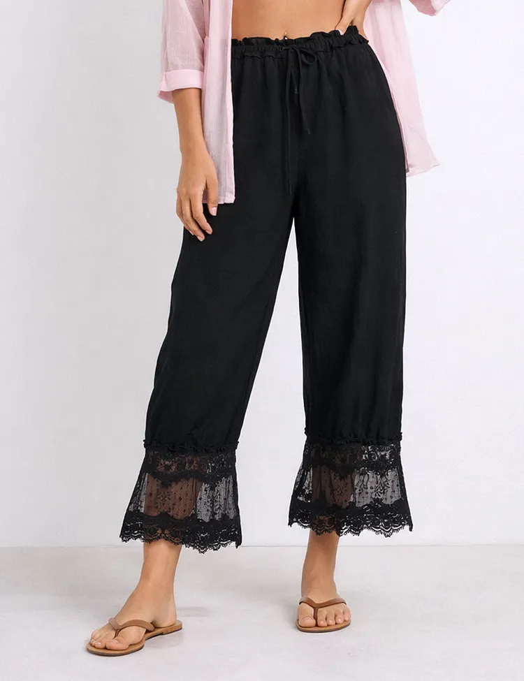 Ladies Lace Panel Elastic Waist Tie Ruched Balloon Pants