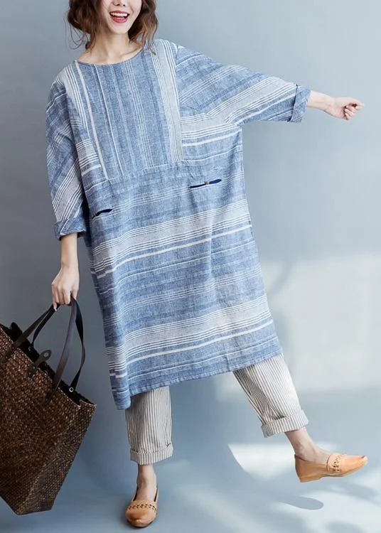 Modern Blue Striped Cotton Pockets Summer Maxi Dresses