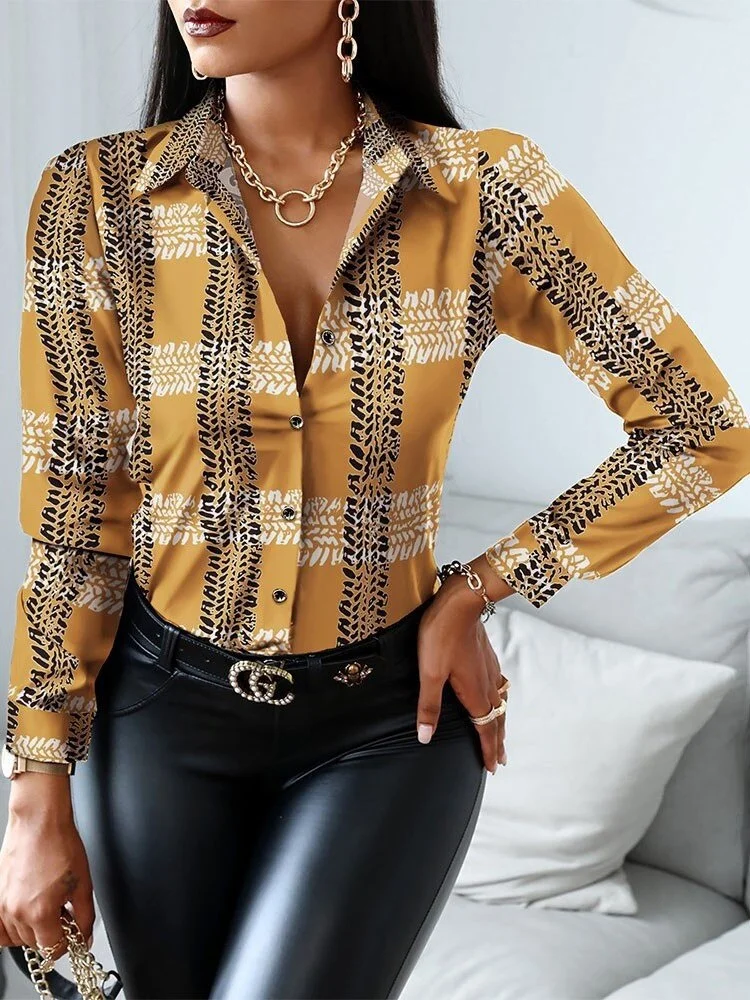 2023 Spring New Print Blouse Womens Fashion Turn Down Collar Long Sleeve Vintage Shirts Casual Lady Office Tops And Blouses