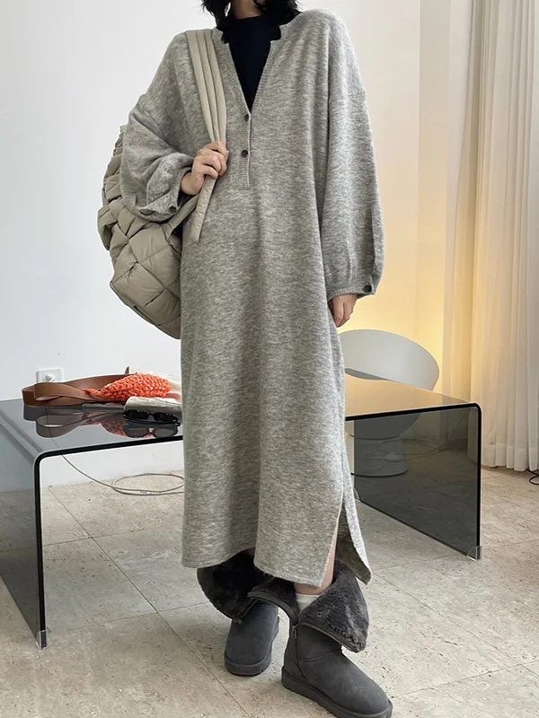 Loose Soft V Neck Lantern Long Sleeve Midi Dress