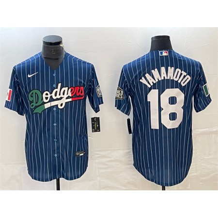Men's Los Angeles Dodgers #18 Yoshinobu Yamamoto Navy Cool Base With Patch Stitched Baseball Jersey 7FDX